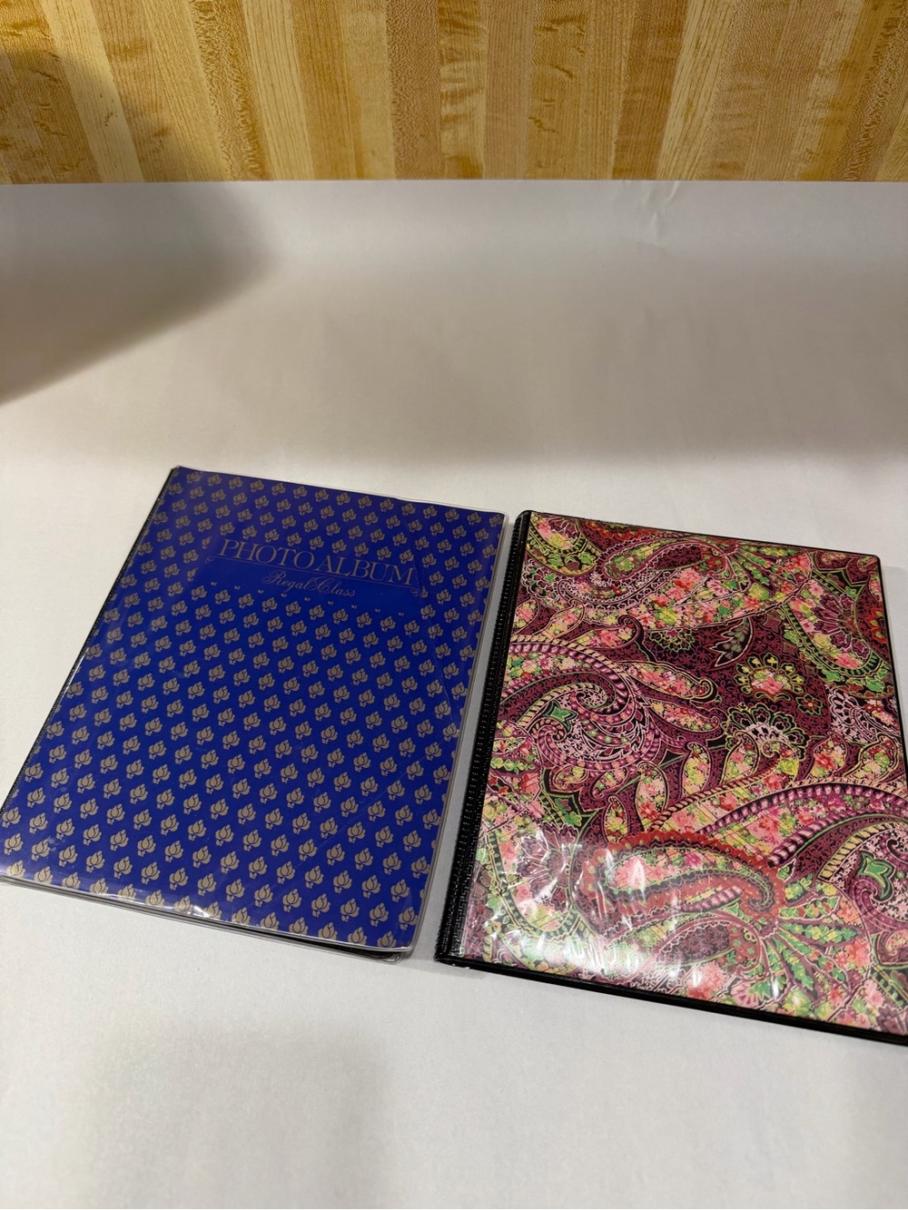 Vintage Blue Patterned Photo Album & Pink Paisley pico-glass Italy